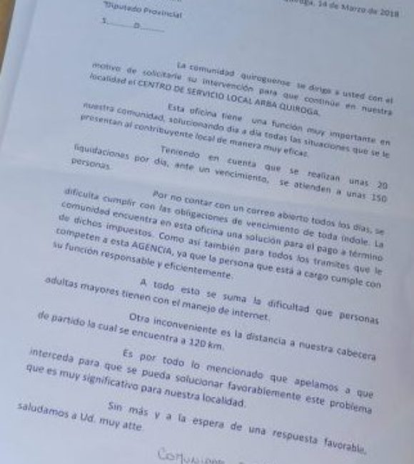 Carta que le fue entregada a Vivani por parte de vecinos de Quiroga
