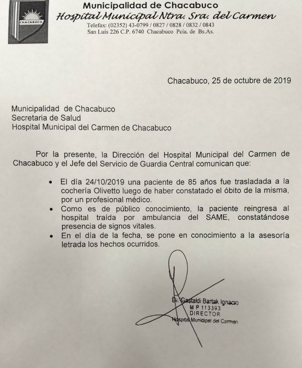 El comunicado del Hospital de Chacabuco