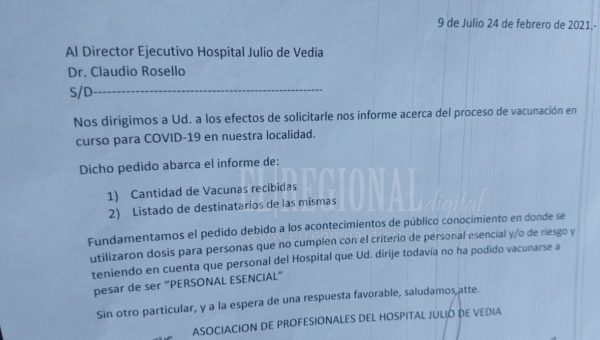 Captura de pantalla de la nota enviada al Dr Rosello por la Asociacion de profesionales del Hospital Julio de Vedia